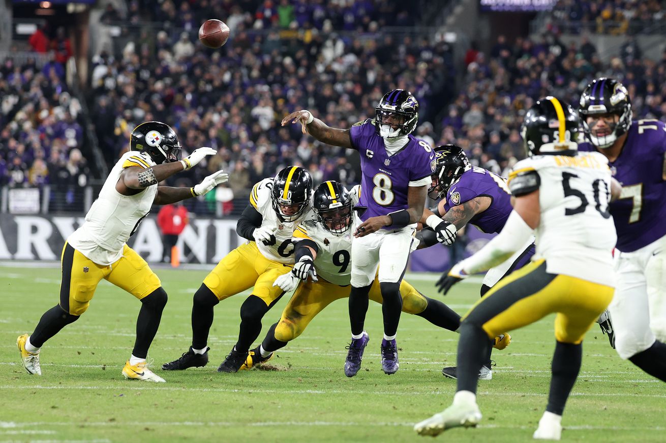 Lamar Jackson #8 of the Baltimore Ravens throws a pass during the second quarter against the Pittsburgh Steelers during the AFC Wild Card Playoff at M&T Bank Stadium on January 11, 2025 in Baltimore, Maryland.