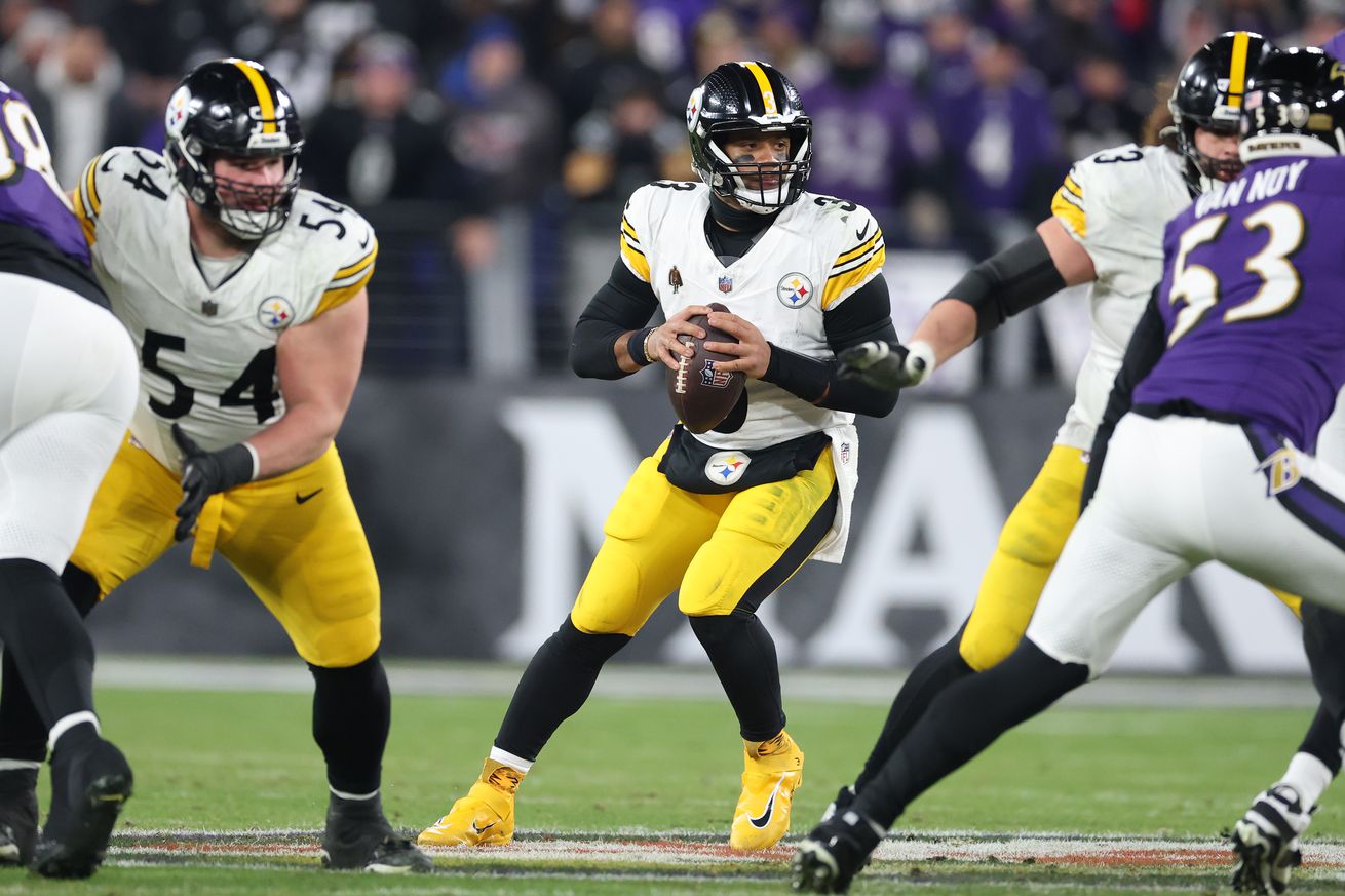 Russell Wilson #3 of the Pittsburgh Steelers steps back to pass during the fourth quarter against the Baltimore Ravens during the AFC Wild Card Playoff at M&T Bank Stadium on January 11, 2025 in Baltimore, Maryland.