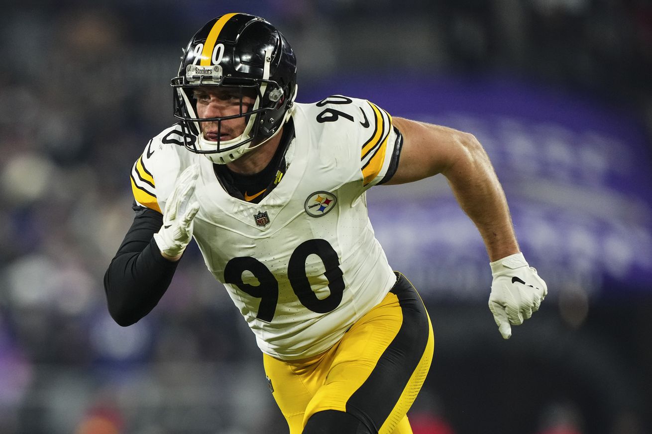 T.J. Watt #90 of the Pittsburgh Steelers rushes the passer during an NFL football wild card playoff game against the Baltimore Ravens at M&T Bank Stadium on January 11, 2025 in Baltimore, Maryland.