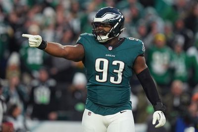 Milton Williams #93 of the Philadelphia Eagles reacts against the Green Bay Packers during the NFC Wild Card Playoff at Lincoln Financial Field on January 12, 2025 in Philadelphia, Pennsylvania.