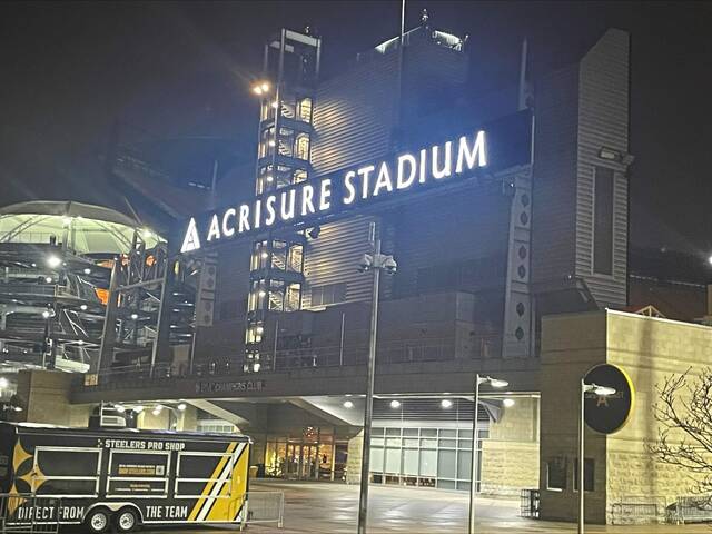 The lights at Acrisure Stadium, home of the NFL’s Pittsburgh Steelers on Pittsburgh’s North Shore.