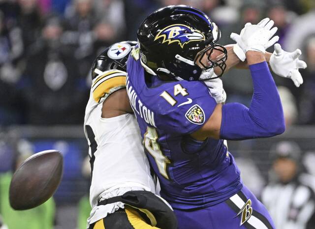 The Ravens’ Kyle Hamilton defends on a fourth-quarter pass intended for the Steelers’ Calvin Austin III on Dec. 21 at M&T Bank Stadium.