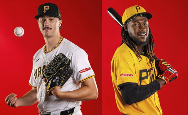 Pitcher Paul Skenes (left) and shortstop Oneil Cruz debut the Sheetz Jersey Patch during a photoshoot June 21, 2024, at PNC Park.