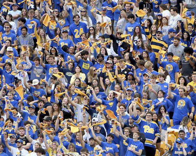 The Pitt student section cheers on the Panthers during the first quarter against California on Saturday, Oct. 12, 2024, at Acrisure Stadium.