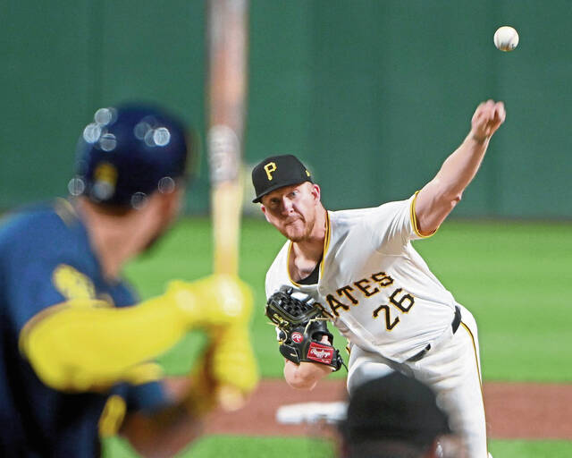 Pirates pitcher Bailey Falter delivers to the Brewers’ Gary Sanchez during the third inning on Tuesday, Sept. 24, 2024, at PNC Park.