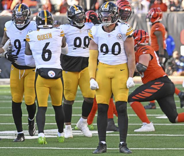 Steelers outside linebacker T.J. Watt celebrates after a strip sack of Bengals quarterback Joe Burrow in the second quarter Sunday Dec. 1, 2024 at Paycor Stadium.