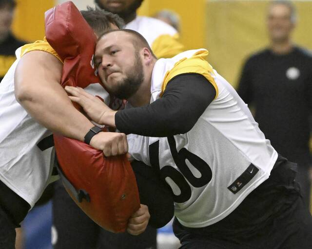 Shown in a photo from rookie minicamp in May, Pittsburgh Steelers starting guard Mason McCormick is listed as questionable to play in Saturday’s wild-card playoff game at the Baltimore Ravens. McCormick suffered a broken left hand during the regular-season finale last week.