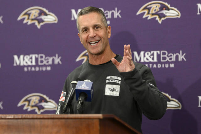 Ravens head coach John Harbaugh speaks Nov. 8 after his team’s game against the Cincinnati Bengals in Baltimore.