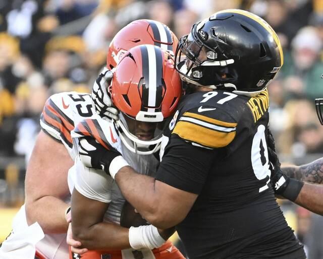 The Steelers’ Cameron Heyward sacks Browns quarterback Jameis Winston in the fourth quarter Dec. 8, 2024 at Acrisure Stadium.