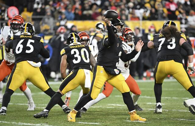 Steelers quarterback Russell Wilson throws agains the Bengals in the first quarter Jan. 4, 2025 at Acrisure Stadium.