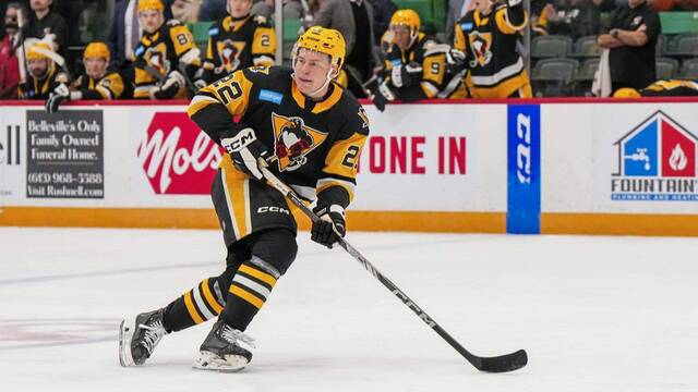 Wilkes-Barre/Scranton Penguins forward Sam Poulin scored two goals during a 6-1 win against the Belleville Senators at the CAA Arena in Belleville, Ont. on Friday.