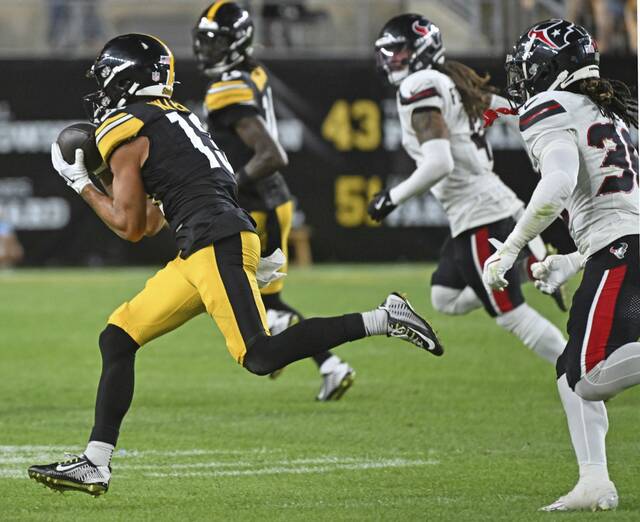 Steelers receiver Scotty Miller pulls in a catch against the Texans in the fourth quarter Friday Aug. 9, 2024 at Acrisure Stadium.