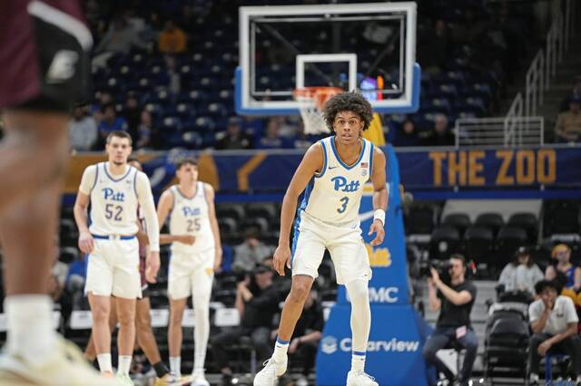 Pitt’s Brandin Cummings prepares to defend against Eastern Kentucky on Wednesday, Dec. 11, 2024.