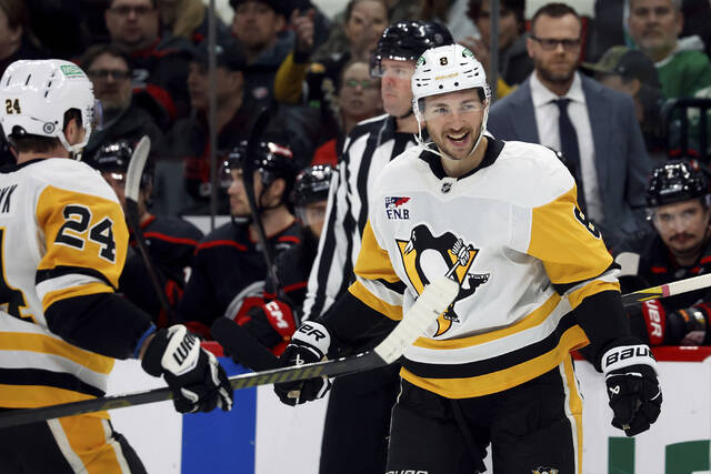 The Penguins’ Michael Bunting celebrates after his goal against the Hurricanes during the first period Sunday, Jan. 5, 2025.