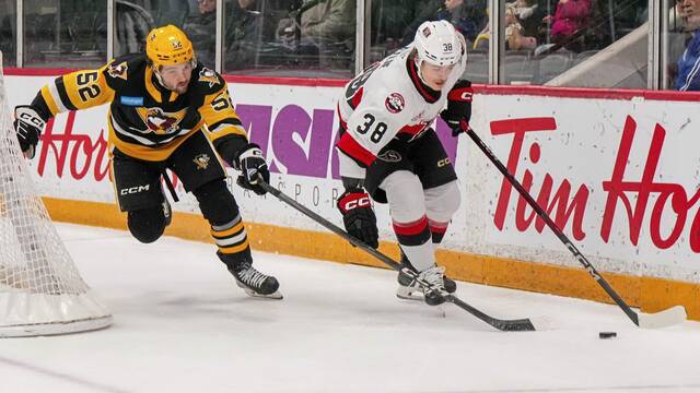 Belleville Senators forward Wyatte Wylie shields a puck from Wilkes-Barre/Scranton Penguins forward Emil Bemstrom during a game at CAA Arena in Belleville, Ont on Saturday. The Senators won, 4-3.