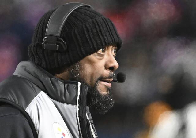 Steelers head coach Mike Tomlin on the sideline during the Jan. 15, 2024, wild-card game against the Buffalo Bills at Highmark Stadium.