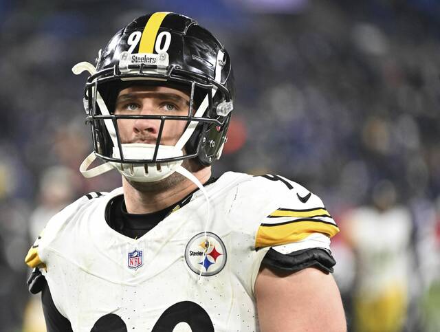 Pittsburgh Steelers outside linebacker T.J. Watt leaves the field after his team’s loss to the Baltimore Ravens in an AFC wild-card round playoff game Saturday at M&T Bank Stadium. Entering the final year of his contract, Watt is due for a possible extension this offseason.