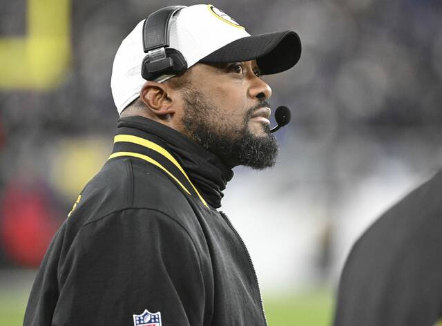 Steelers head coach Mike Tomlin on the sideline against the Ravens during the AFC Wild Card game Saturday at M&T Bank Stadium.