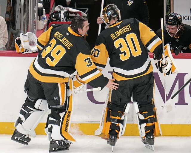 Pittsburgh Penguins goaltenders Joel Blomqvist and Alex Nedeljkovic exchange pats during a game against the Dallas Stars at PPG Paints Arena on Nov. 11, 2024.