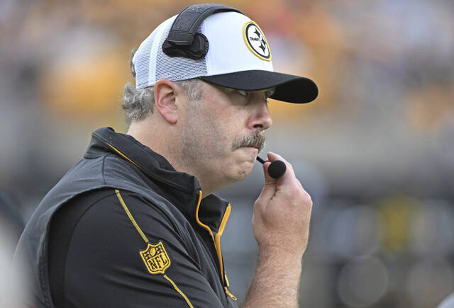 Steelers offensive coordinator Arthur Smith watches the offense struggle against the Buffalo Bills in the first half on Aug. 17 at Acrisure Stadium.