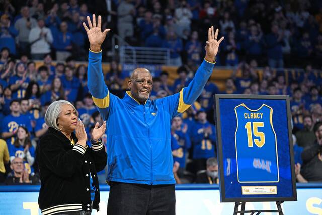 Pitt men’s basketball retired the jersey No. 15 of Sam Clancy on Jan. 18, 2025, at Petersen Events Center.