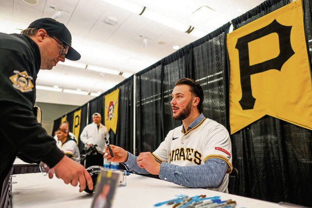 Pittsburgh Pirates pitcher Paul Skenes talks with fans while he signs autographs Saturday, Jan. 18, 2025 during PiratesFest at the David L. Lawrence Convention Center in Downtown Pittsburgh.