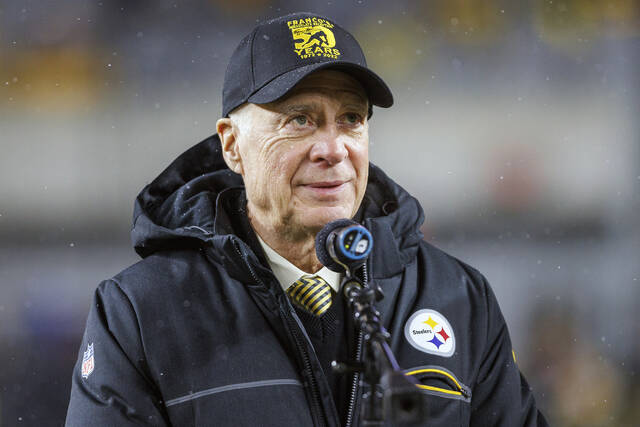 Steelers’ owner Art Rooney II addresses the crowd during the jersey retirement ceremony of Franco Harris on Dec. 24, 2022, in Pittsburgh.