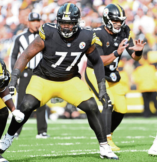 Steelers offensive tackle Broderick Jones plays against the Ravens on Nov. 17, 2024 at Acrisure Stadium.
                                Steelers offensive tackle Broderick Jones plays against the Ravens on Nov. 17, 2024 at Acrisure Stadium.