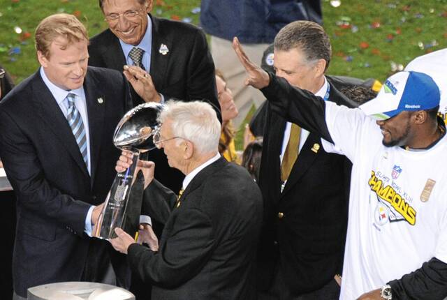 From Feb. 1, 2009: Steelers owner Dan Rooney accepts the Vince Lombardi trophy after the Steelers beat the Arizona Cardinals in Super Bowl XLIII at Raymond James Stadium in Tampa, Fla.