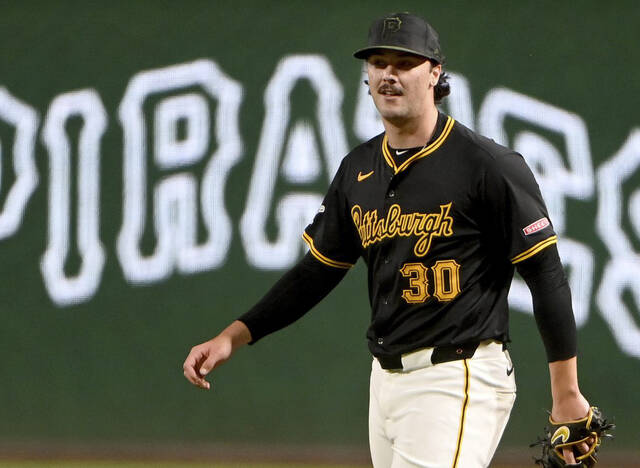 Pirates pitcher Paul Skenes walks from the field after getting the final out of the sixth inning against the Marlins on Monday, Sept. 9, 2024, at PNC Park.