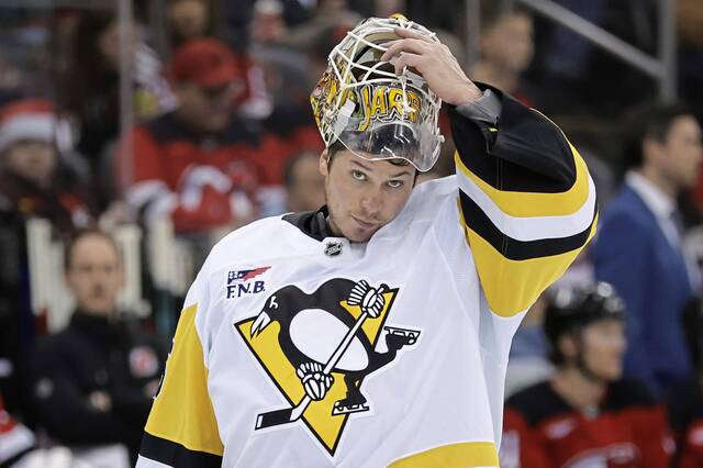 Penguins goaltender Tristan Jarry reacts during a Dec. 21 game against the New Jersey Devils in Newark, N.J.