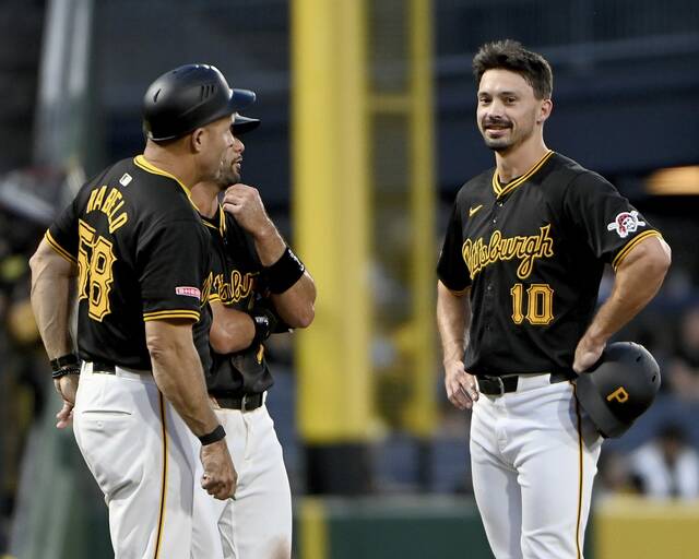 Pirates left fielder Bryan Reynolds smiles after driving in a run during the fifth inning against the Reds on Thusday, Aug. 22, 2024, at PNC Park.