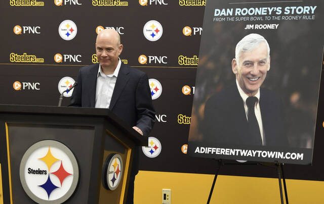 Jim Rooney speaks to the media about his book “A Different way to Win: Dan Rooney’s Story” at the UPMC Rooney Sports Complex on Oct. 22, 2019.