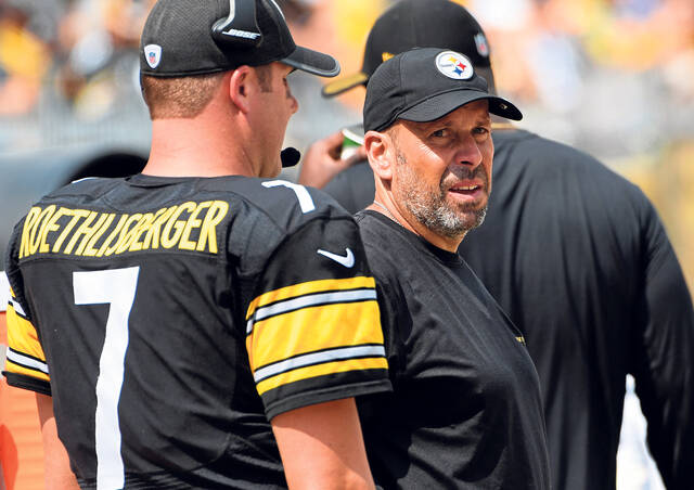 From Sept. 17, 2017: Steelers offensive coordinator Todd Haley and quarterback Ben Roethlisberger talk on the sideline during a game against the Minnesota Vikings at Heinz Field.