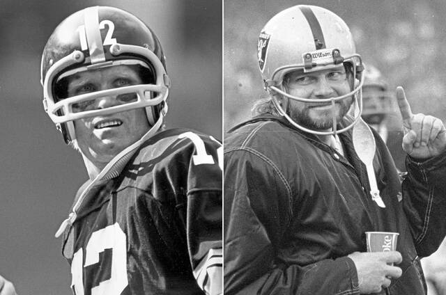 Steelers quarterback Terry Bradshaw (left) and Oakland Raiders quarterback Ken Stabler — both seen during the 1976 season.