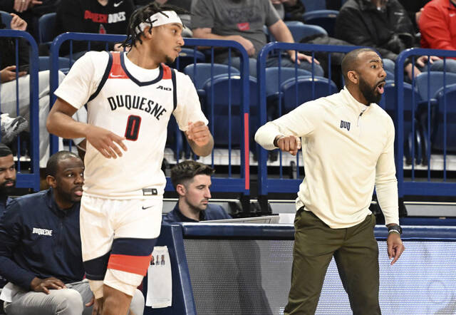 Duquesne head coach Dru Joyce III against St. Joseph’s in the second half Jan. 8, 2025 at UPMC Cooper Fieldhouse.