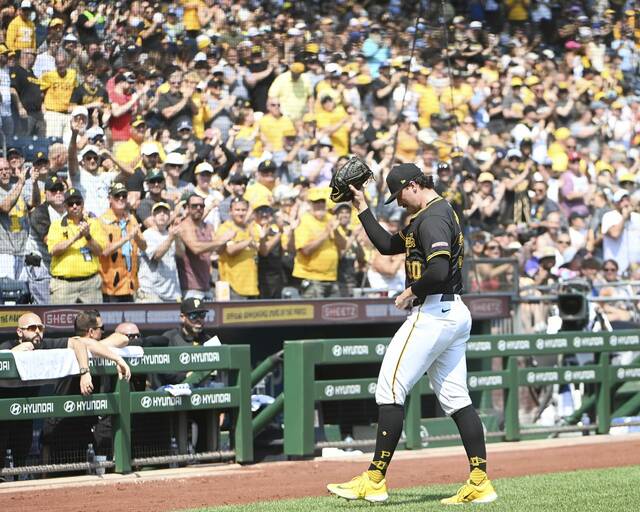 Pirates pitcher Paul Skenes receives a standing ovation from fans while exiting the game against the Diamondbacks on Aug. 4, 2024, at PNC Park.