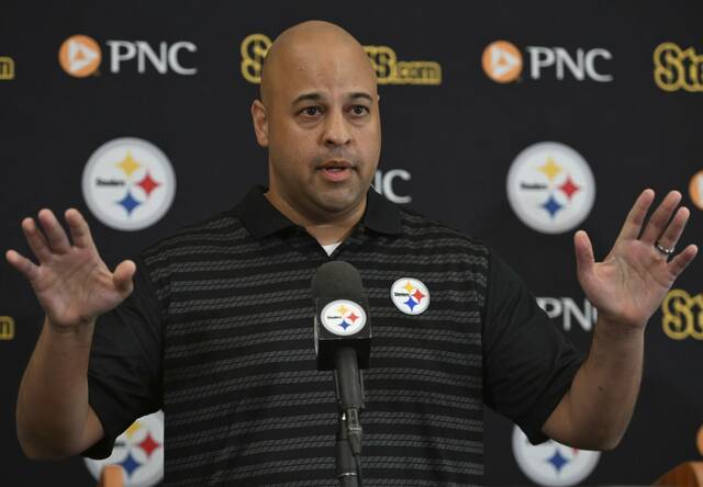 Steelers general manager Omar Khan speaks the media July, 25, 2024 at Saint Vincent College.