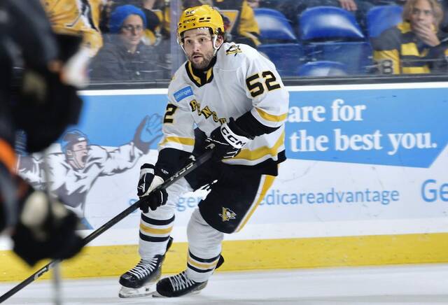 Wilkes-Barre/Scranton Penguins forward Emil Bemstrom rushes the puck up ice during a 5-1 win against the Lehigh Valley Phantoms at Mohegan Sun Arena in Wilkes-Barre on Sunday.