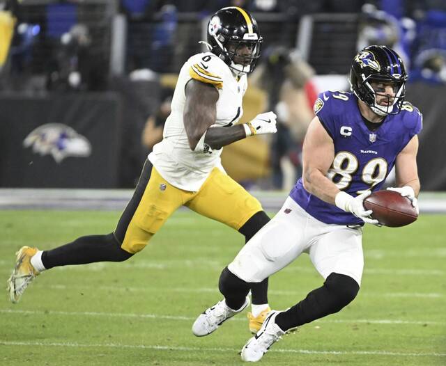 The Ravens’ Mark Andrews pulls in catch past the Steelers Patrick Queen in the fourth quarter during the AFC Wild Card game Saturday Jan. 11, 2025 at M&T Bank Stadium.
                                The Ravens’ Mark Andrews pulls in catch past the Steelers Patrick Queen in the fourth quarter during the AFC Wild Card game Saturday Jan. 11, 2025 at M&T Bank Stadium.