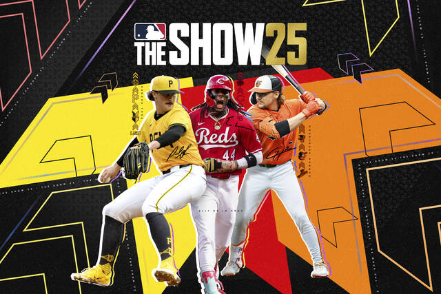 This image provided by Sony, shows the cover of art for the video game MLB The Show 25 featuring rising baseball stars Paul Skenes, Gunnar Henderson and Elly De La Cruz on the cover. The game is scheduled to hit the market on March 18, 2025.