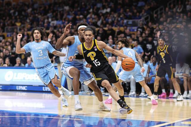 Pitt’s Jaland Lowe drives against North Carolina on Tuesday, Jan. 28, 2025.