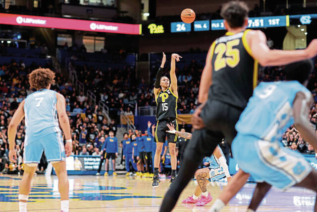 Pitt’s Jaland Lowe shoots a 3-pointer in the first half against North Carolina on Tuesday, Jan. 28, 2025 at Petersen Events Center.