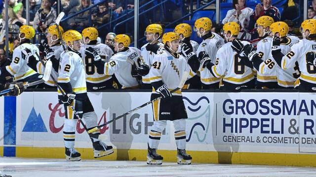 Wilkes-Barre/Scranton Penguins forward Rutger McGroarty (No. 2) and Ville Koivunen celebrate a goal with teammates at the home bench during a 9-0 win against the Hershey Bears at Mohegan Sun Arena in Wilkes-Barre on Wednesday.