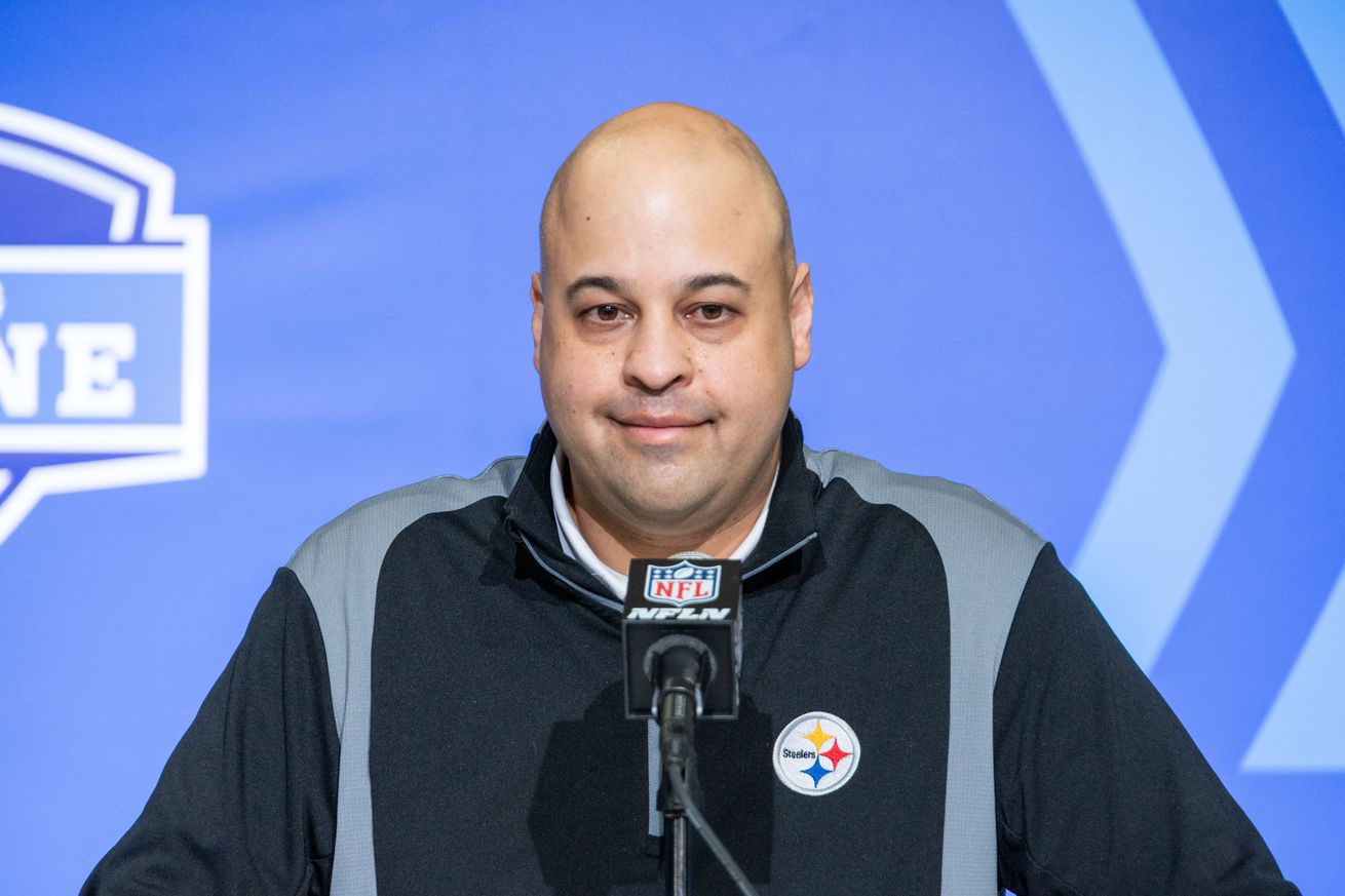 Pittsburgh Steelers general manager Omar Khan speaks to the press at the NFL Combine at Lucas Oil Stadium. Mandatory Credit: Trevor Ruszkowski