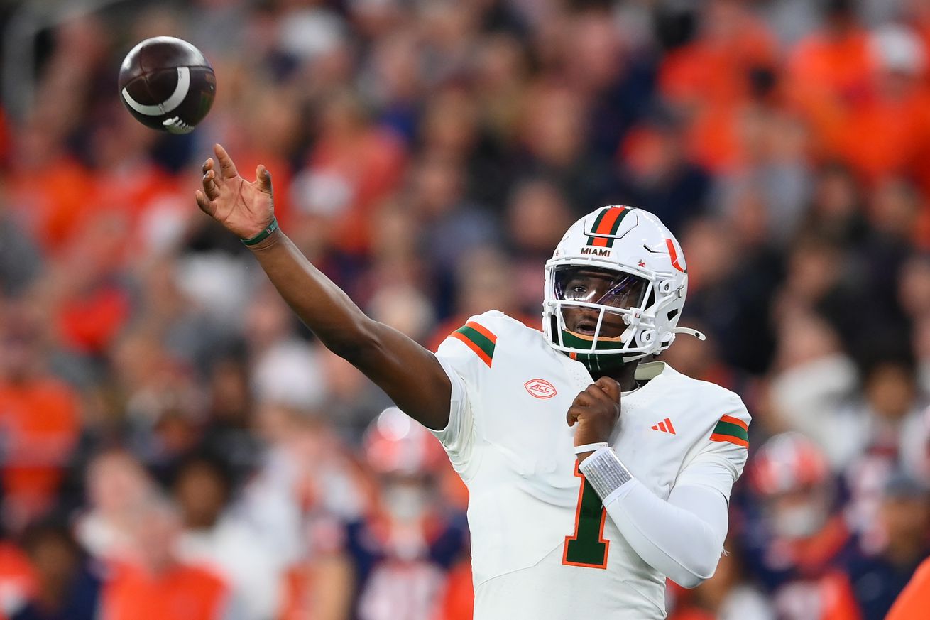 Miami Hurricanes quarterback Cam Ward throws a pass during a 2024 contest against the Syracuse Orange.