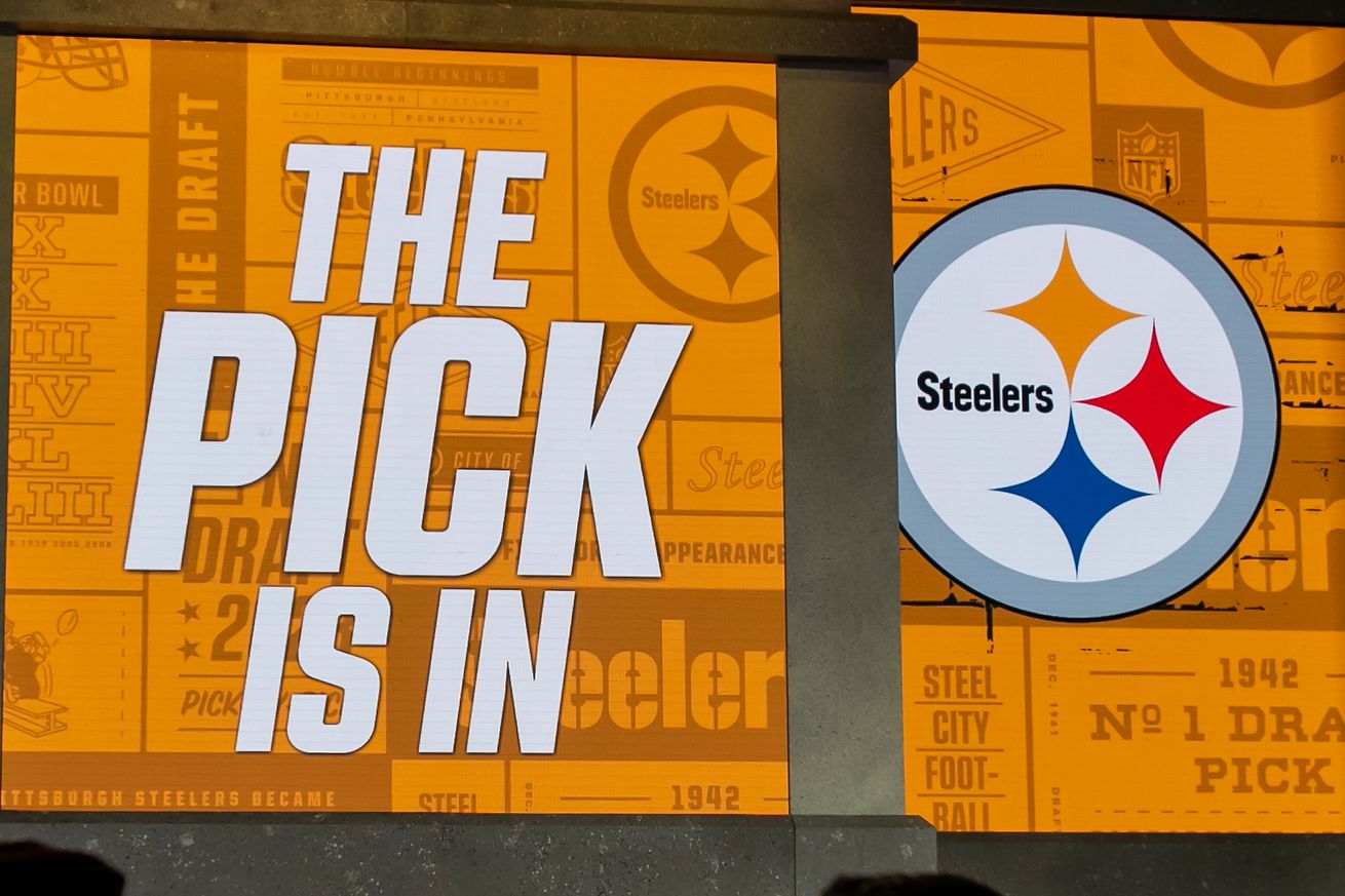 The pick graphic for the Pittsburgh Steelers on display during Round One of the 2023 NFL Draft at Union Station in Kansas City, MO.