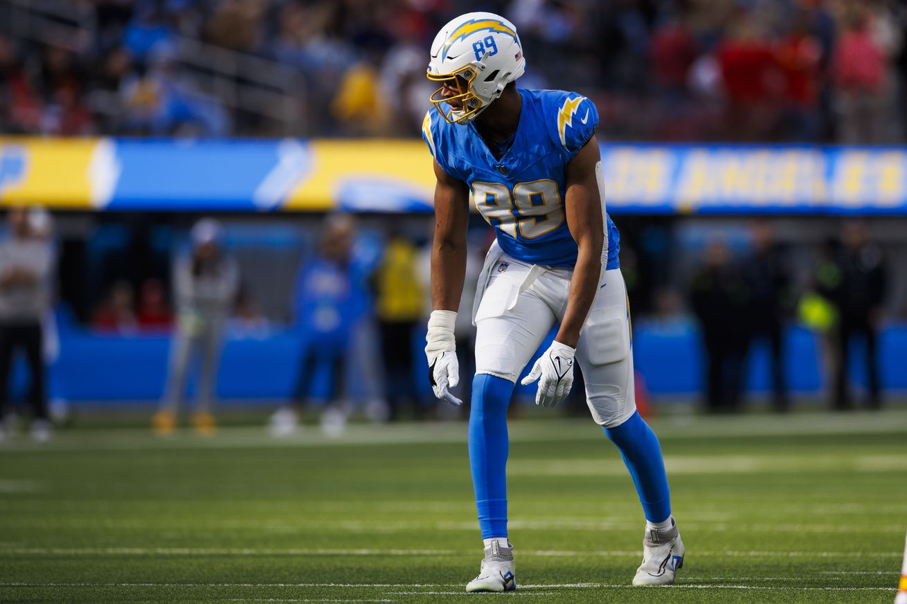 Donald Parham Jr. #89 of the Los Angeles Chargers in an offensive stance during a game against the Kansas City Chiefs at SoFi Stadium on January 7, 2024 in Inglewood, California.