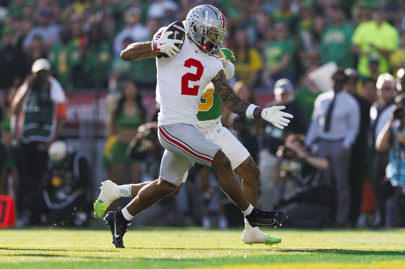 Emeka Egbuka #2 of the Ohio State Buckeyes runs after the catch in the first half during the Rose Bowl against Oregon Ducks at Rose Bowl Stadium on January 1, 2025 in Pasadena, California.