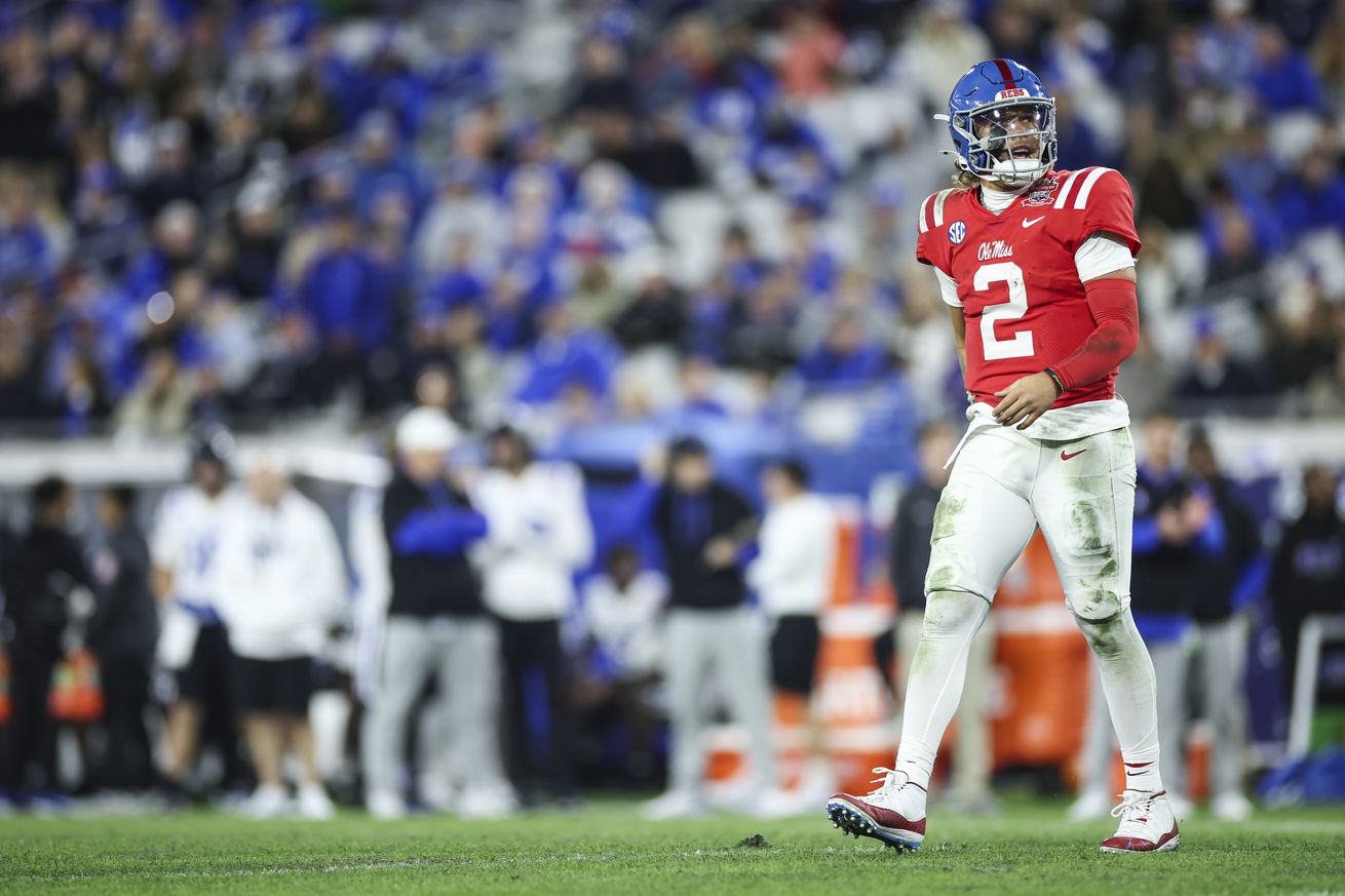 Ole Miss quarterback Jaxson Dart walks during the second half of the 2025 Gator Bowl as he and the Rebels take on the Duke Blue Devils. 